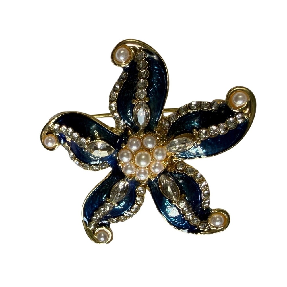 Vtg Starfish Brooch Navy Blue Enamel Rhinestone Faux Pearl Gold Tone Pin Nautica - Picture 2 of 4